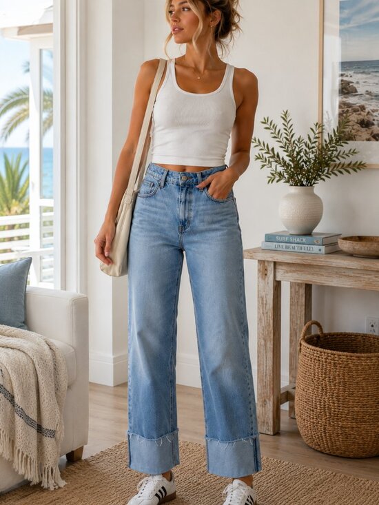 Abercrombie & Fitch Denim - Abercrombie Curve Love 90s Relaxed Jean High Rise Wide Cuffed Hem Light Wash 27